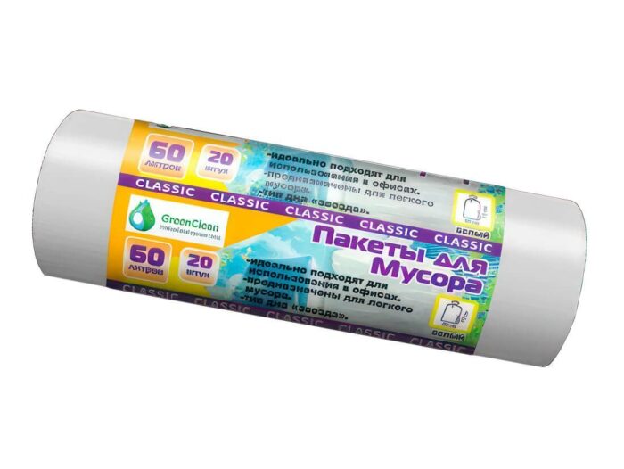 Мешки для мусора 60л ПНД MIRPACK "Classik", 20 штук в рулоне, 60х70 см, 7 мкм, белые 1/40